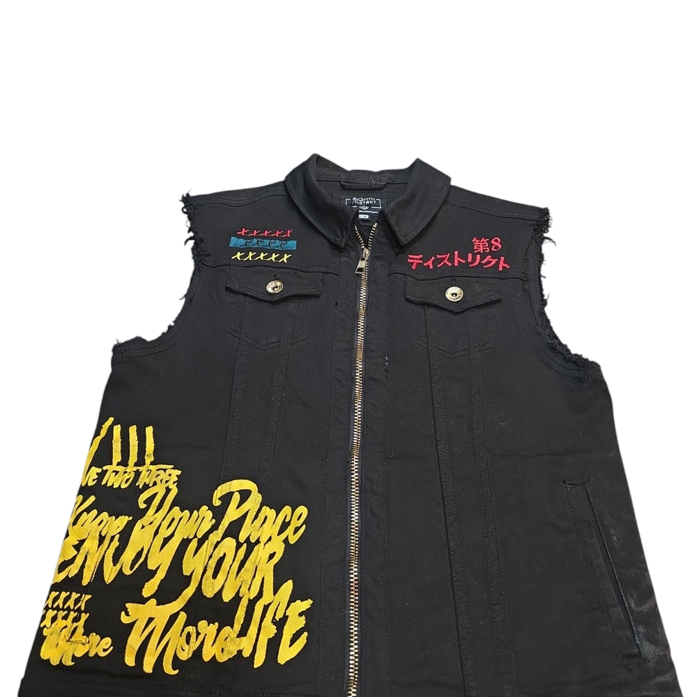 8IGHTH/DSTRKT Black Jean Vest with Yellow and Red Embroidery Size M